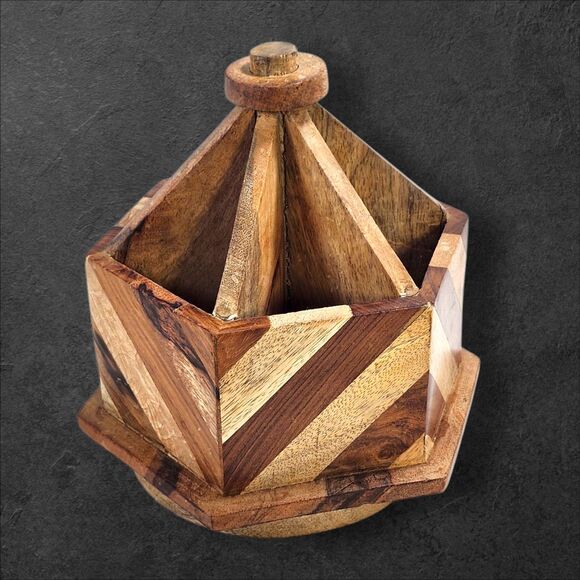 Solid Wood Rotating Chevron Caddy 8.5" Rustic Desk Organizer Inlay Decor Turns - Picture 3 of 9